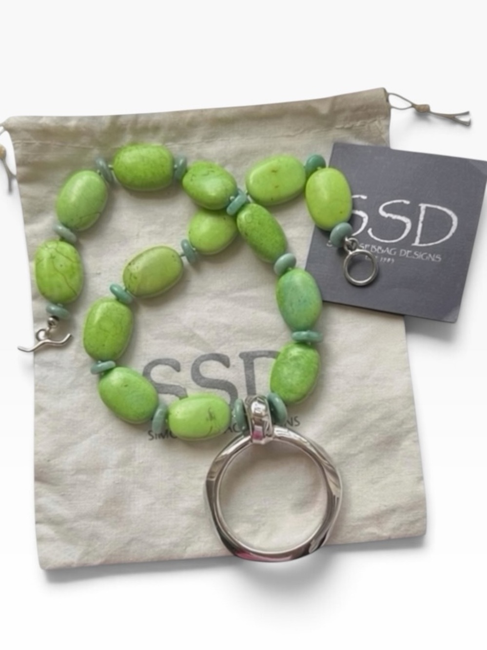 Simon Sebagg Natural Green Turquoise .925 Sterling Silver Pendant Necklace